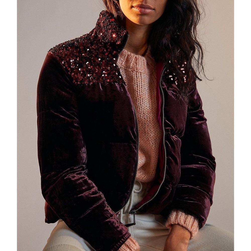 Anthropologie Vera Velvet Sequin Puffer‎ Jacket Burgundy Wine Full Zip Size XS